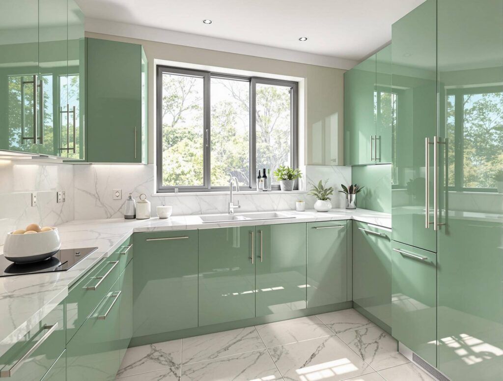 Cocina moderna con armarios en RAL 6010 Verde Hierba y encimeras de mármol