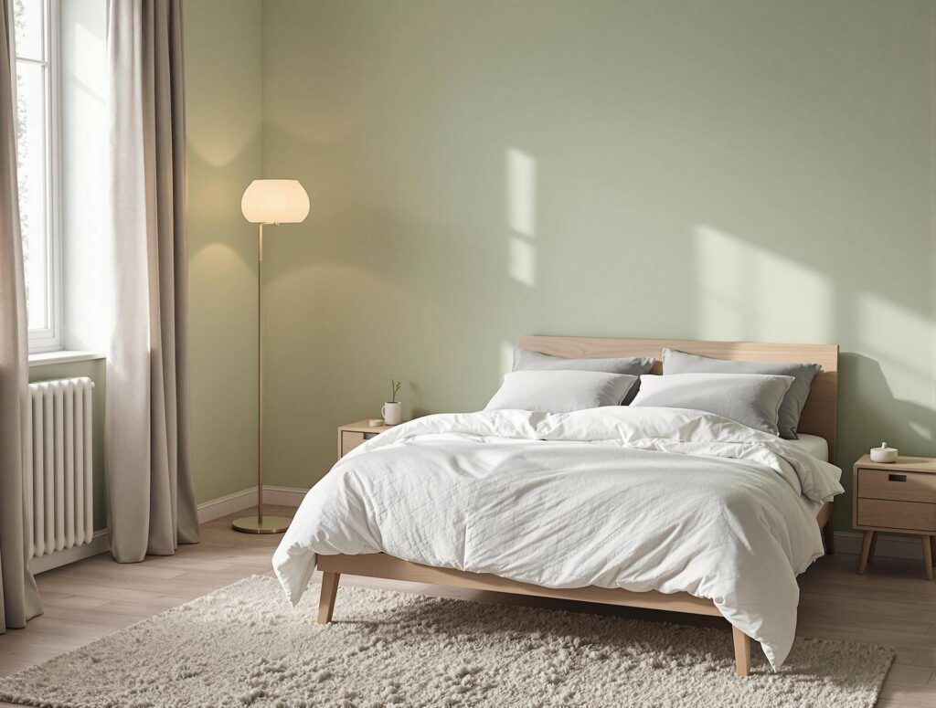 Dormitorio con paredes en RAL 6019 Verde Blanquecino y textiles en tonos neutros