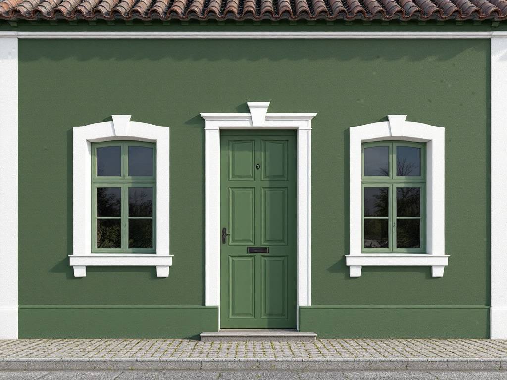 Fachada de una casa con paredes en RAL 6005 Verde Musgo y detalles en blanco