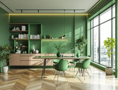 Verde Botella RAL6007 para decorar una oficina, coworking o un espacio de teletrabajo en casa, con mucha luz natural.