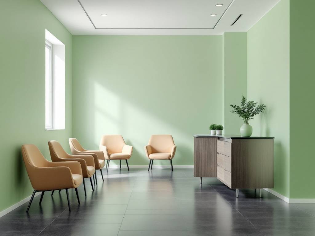 Sala de espera en una clínica dental decorada en color verde blanquecino
