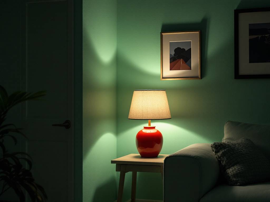 Salón con paredes en RAL 6000 Verde Patina y detalles en rojo