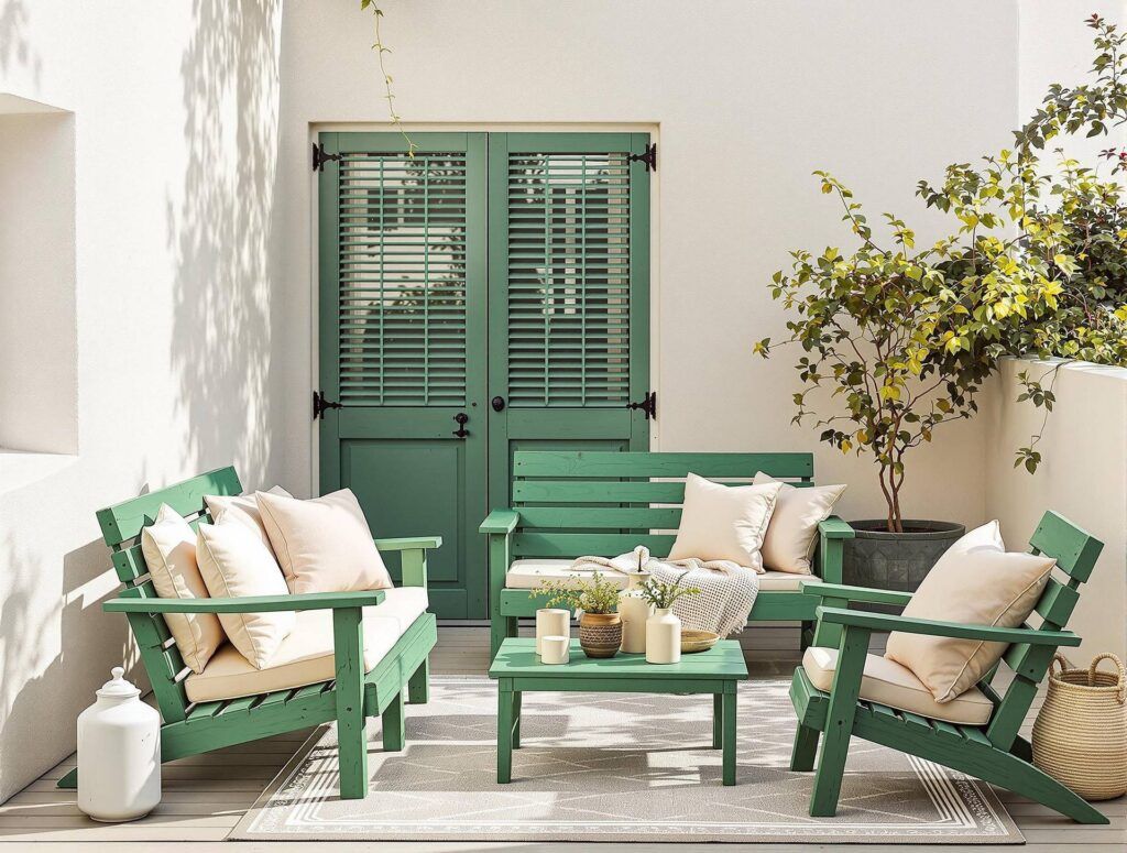 Terraza con muebles en RAL 6024 Verde Tráfico y plantas verdes