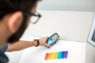 Usando un colorímetro en una sala de imprenta Usando un colorímetro en una sala de imprenta