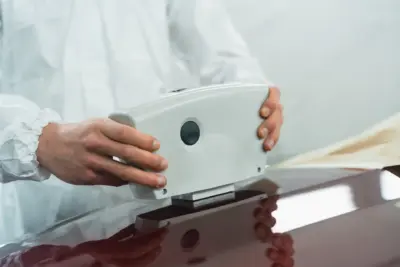 Usando un espectrofotómetro sobre la carrocería pintada de un coche Usando un espectrofotómetro sobre la carrocería pintada de un coche